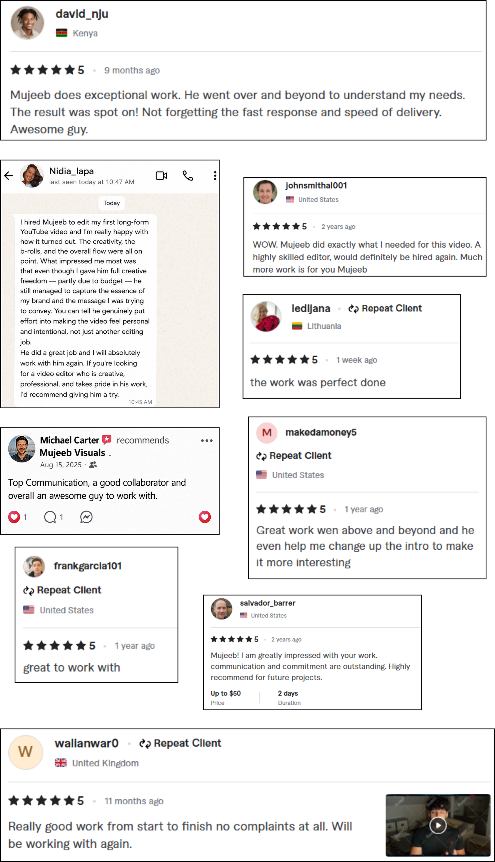 Client reviews for Mujeeb Visuals from Fiverr, Facebook and WhatsApp